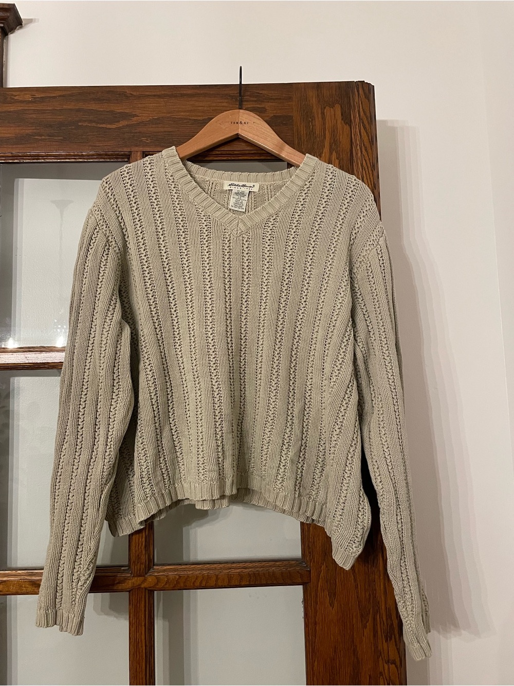 Vintage Eddie Bauer Light Green Open Cable V-Neck Sweater